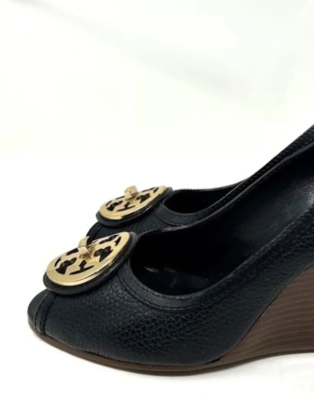 Tory Burch Selma Peep Toe Wedges-Black Pebbled Leather-Gold Logo Medallion 9.5